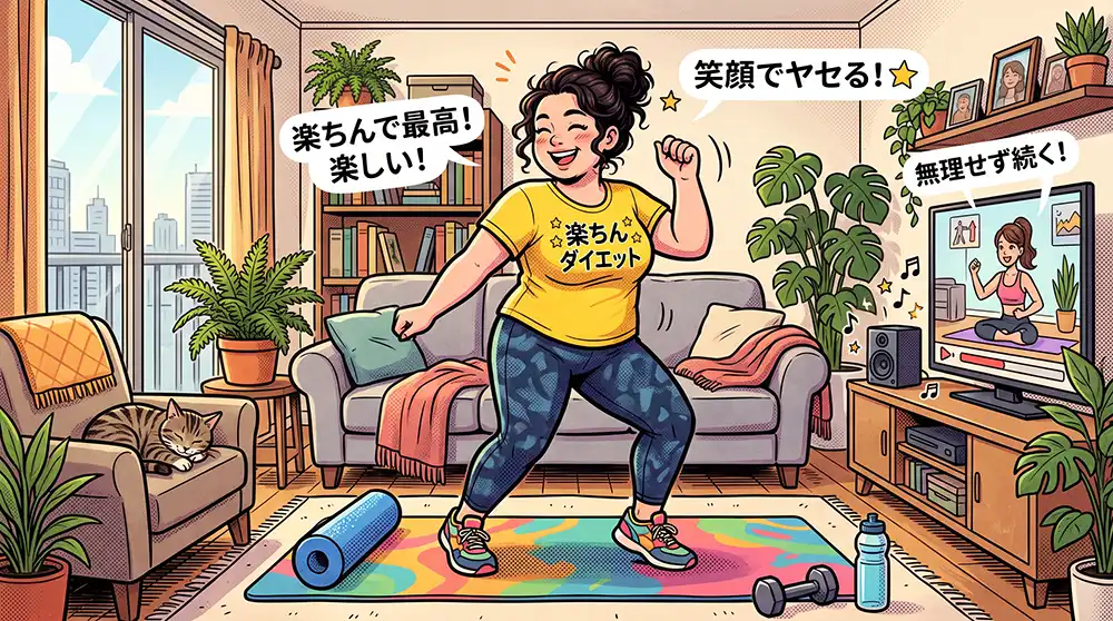 楽ちんな方法で楽しげにダイエットをしているちょっとぽっちゃり体型の若い女性のイメージイラスト