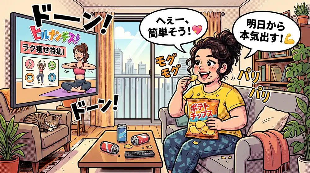 大型テレビでヒルナンデスのダイエット特集を興味深げに見ながらポテチを食べているちょっとぽっちゃり体型の若い女性